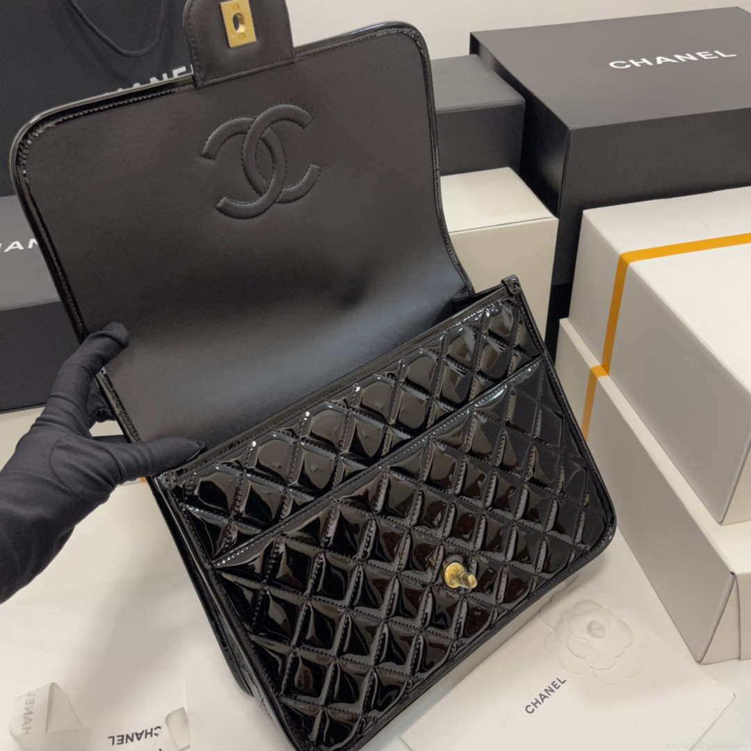 Chanel AS3662 LARGE BACKPACK Patent Calfskin & Gold-Tone Metal Black