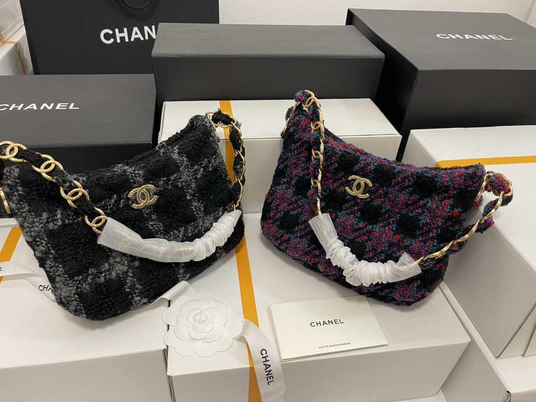 Chanel AS3562 Hobo Handbag Wool Tweed Black