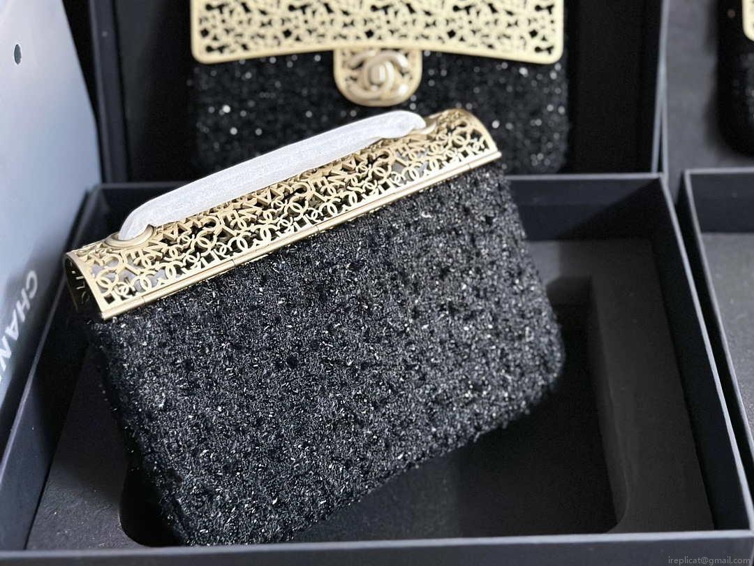 Chanel AS3526 Mini Evening Bag Wool Tweed & Gold-Tone Metal Black