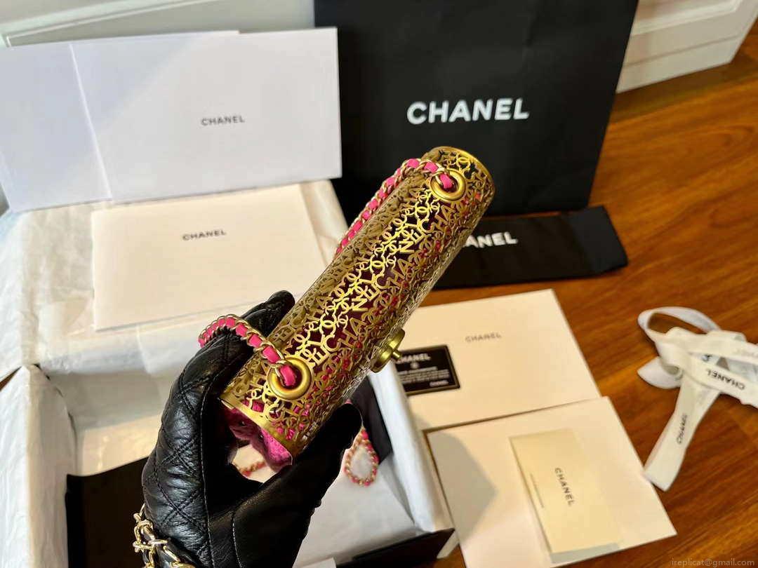 Chanel AS3526 Mini Evening Bag Wool Tweed & Gold-Tone Metal Rose Red