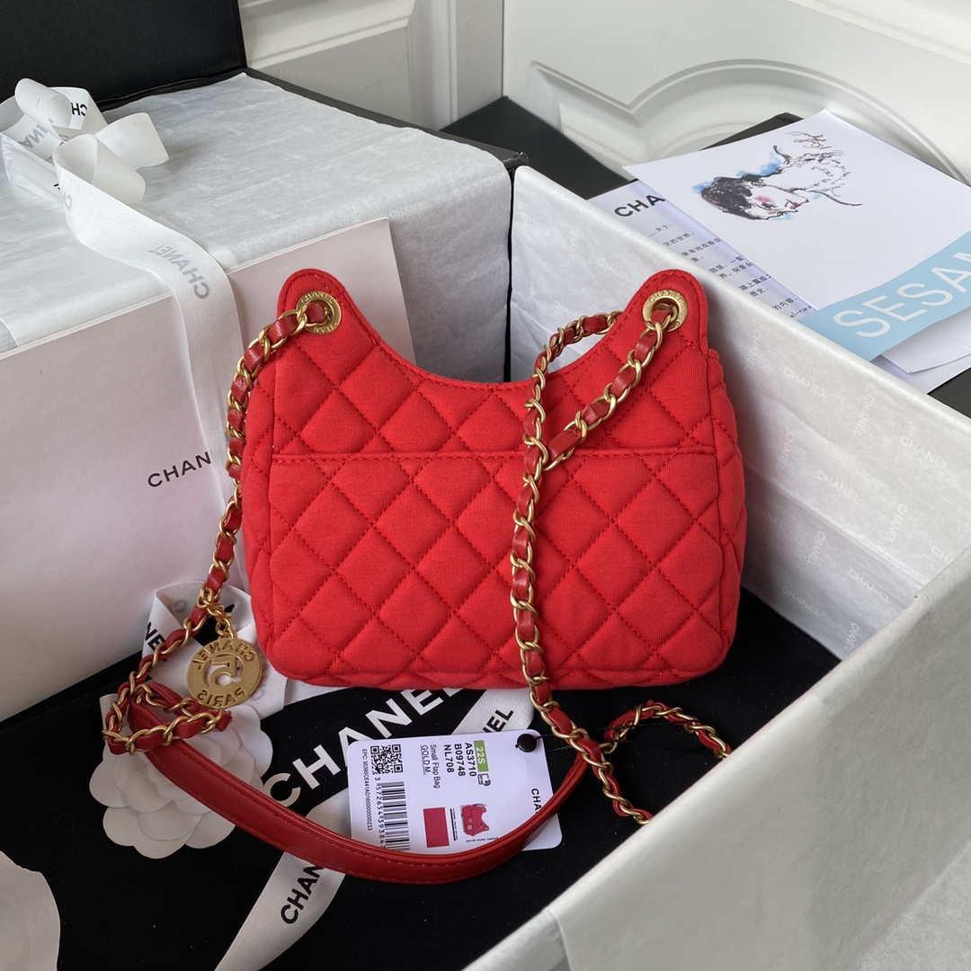 Chanel AS3710 Small Hobo Handbag Velvet & Gold-Tone Metal Red