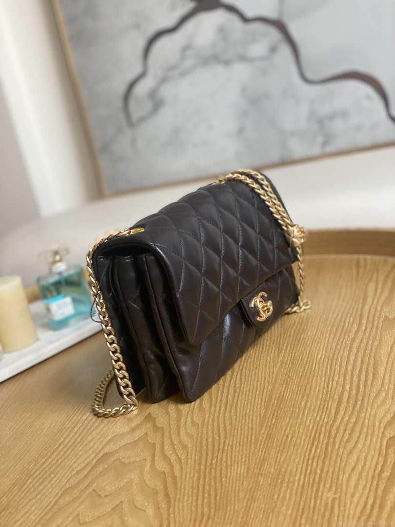 Chanel AS3609 Flap Bag Lambskin Lambskin & Gold-Tone Metal Dark Brown