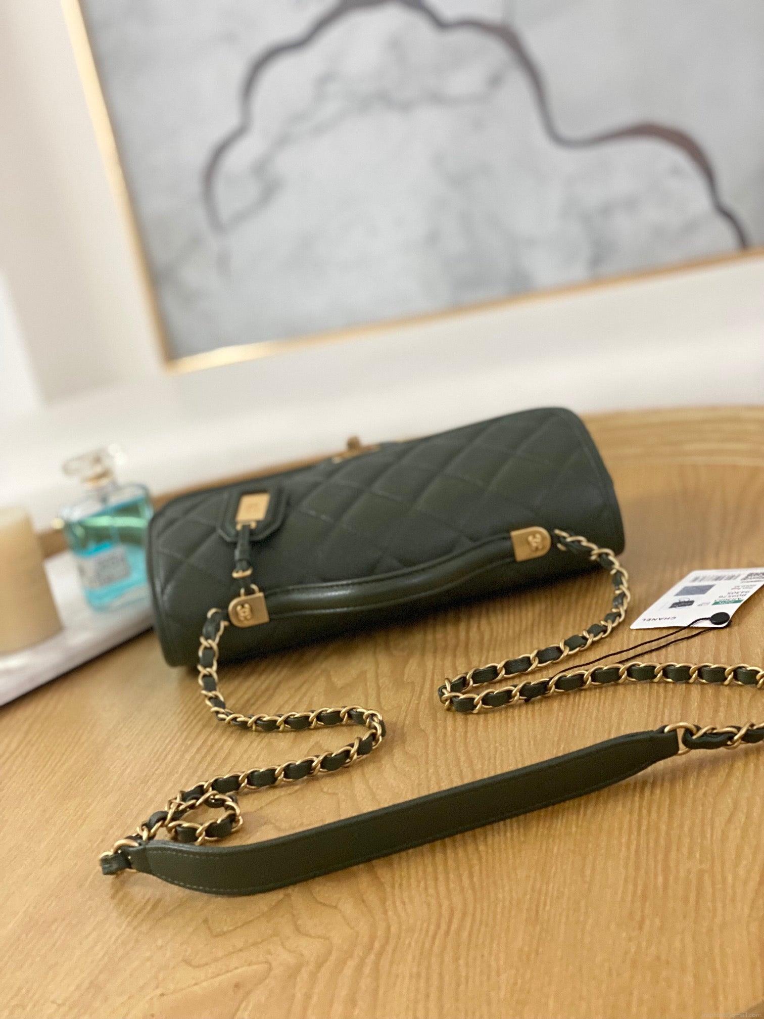 Chanel AS3653 Small Flap Bag with Top Handle Calfskin & Gold-Tone Metal Dark Green
