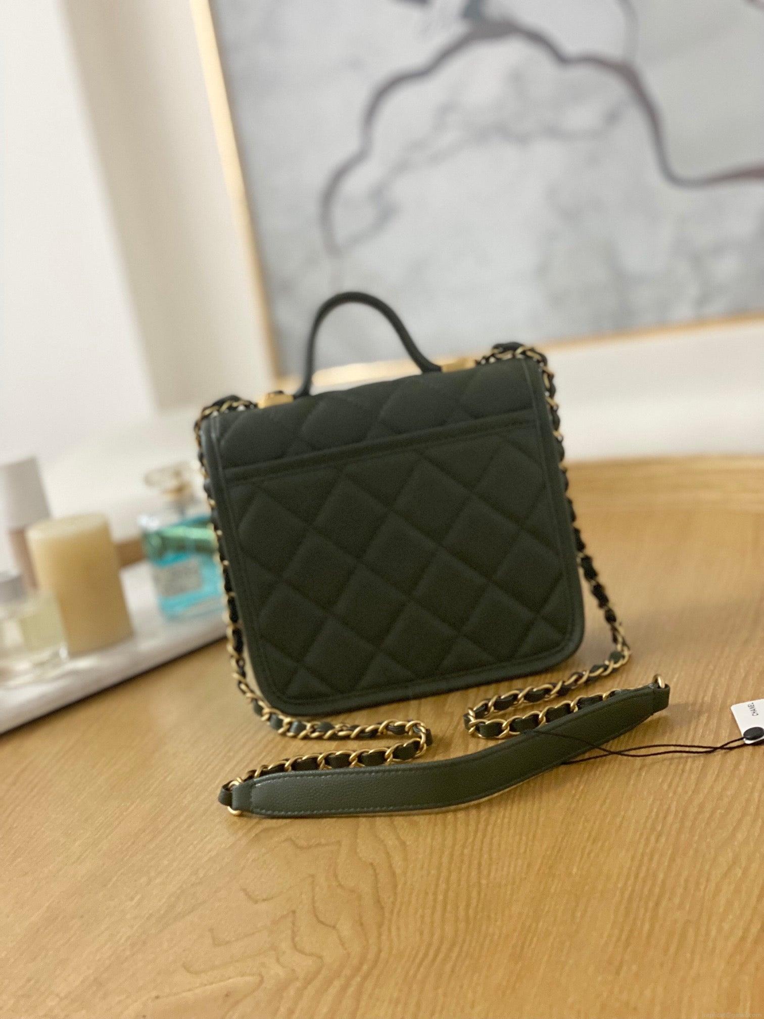 Chanel AS3652 Small Flap Bag with Top Handle Calfskin & Gold-Tone Metal Dark Green