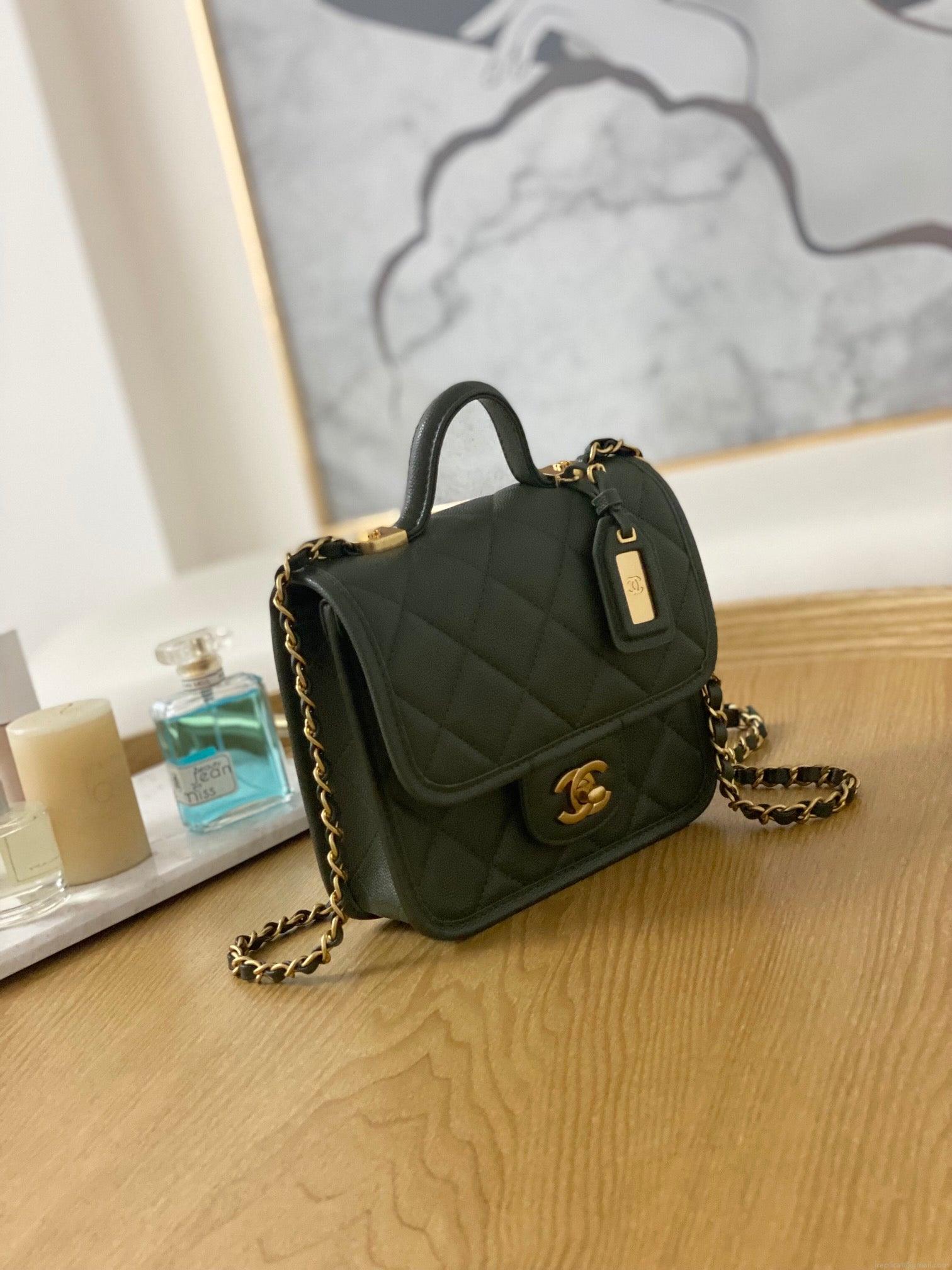 Chanel AS3652 Small Flap Bag with Top Handle Calfskin & Gold-Tone Metal Dark Green