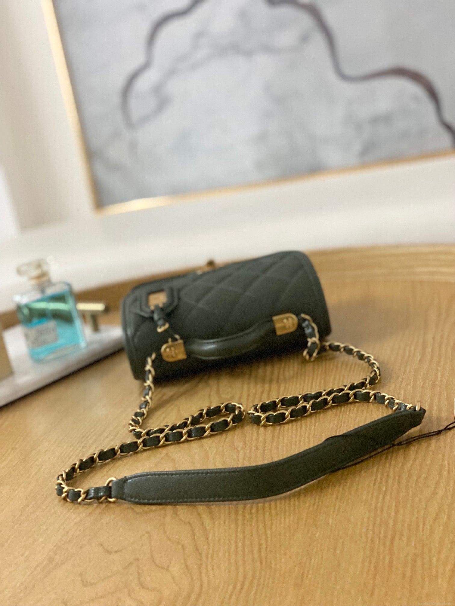 Chanel AS3652 Small Flap Bag with Top Handle Calfskin & Gold-Tone Metal Dark Green