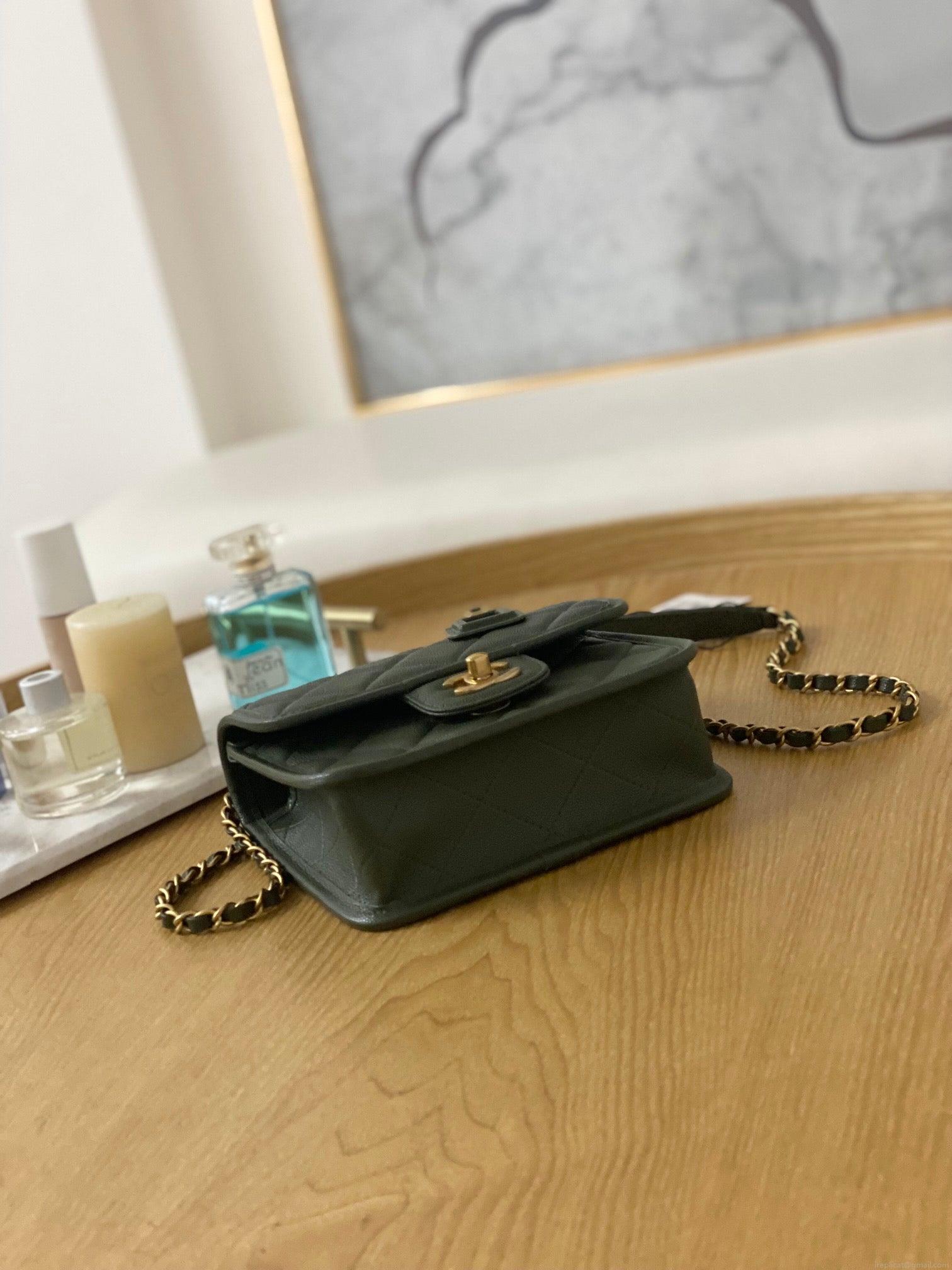 Chanel AS3652 Small Flap Bag with Top Handle Calfskin & Gold-Tone Metal Dark Green