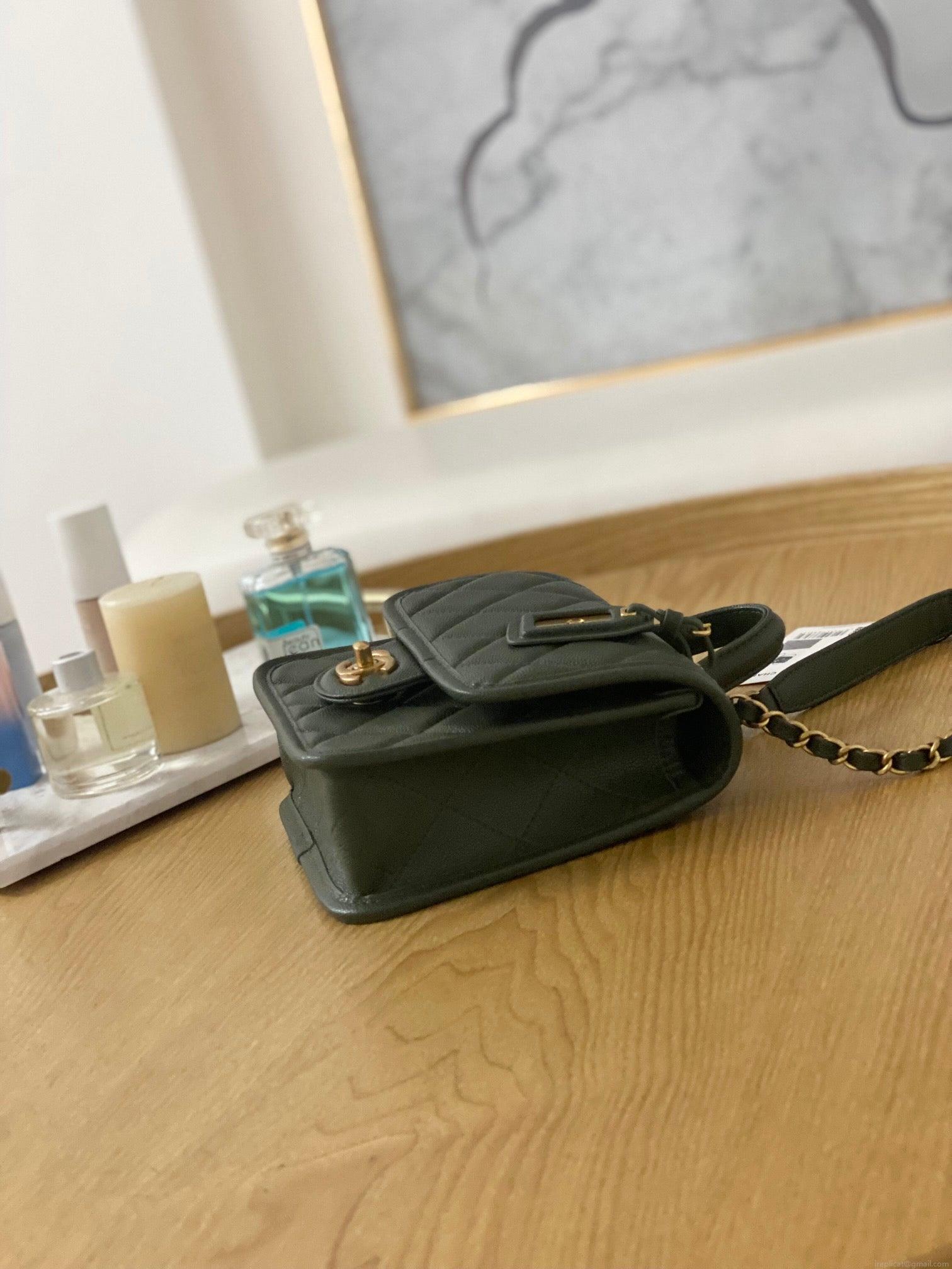 Chanel AS3652 Small Flap Bag with Top Handle Calfskin & Gold-Tone Metal Dark Green