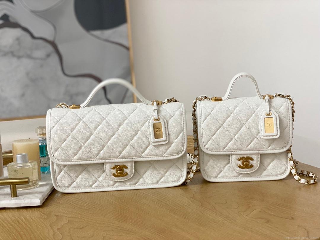 Chanel AS3652 Small Flap Bag with Top Handle Calfskin & Gold-Tone Metal White