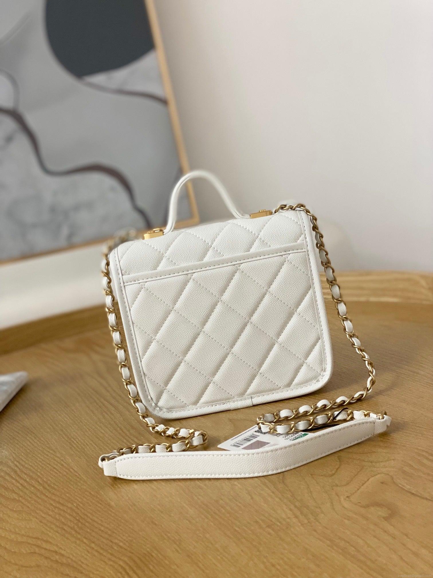 Chanel AS3652 Small Flap Bag with Top Handle Calfskin & Gold-Tone Metal White