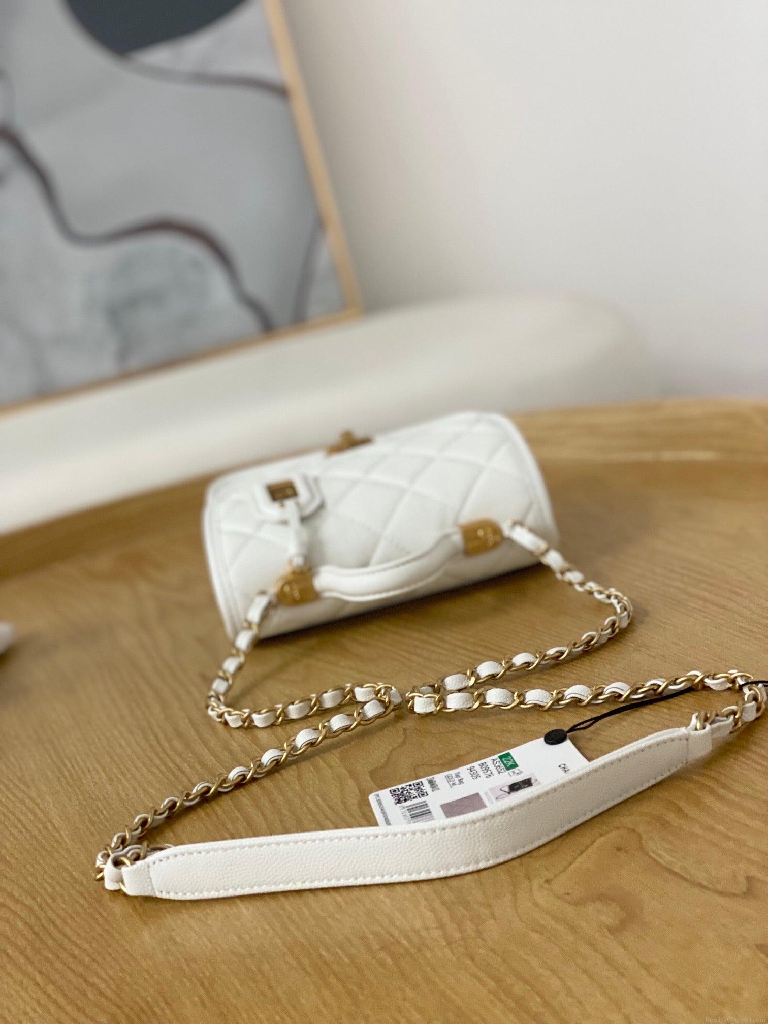 Chanel AS3652 Small Flap Bag with Top Handle Calfskin & Gold-Tone Metal White