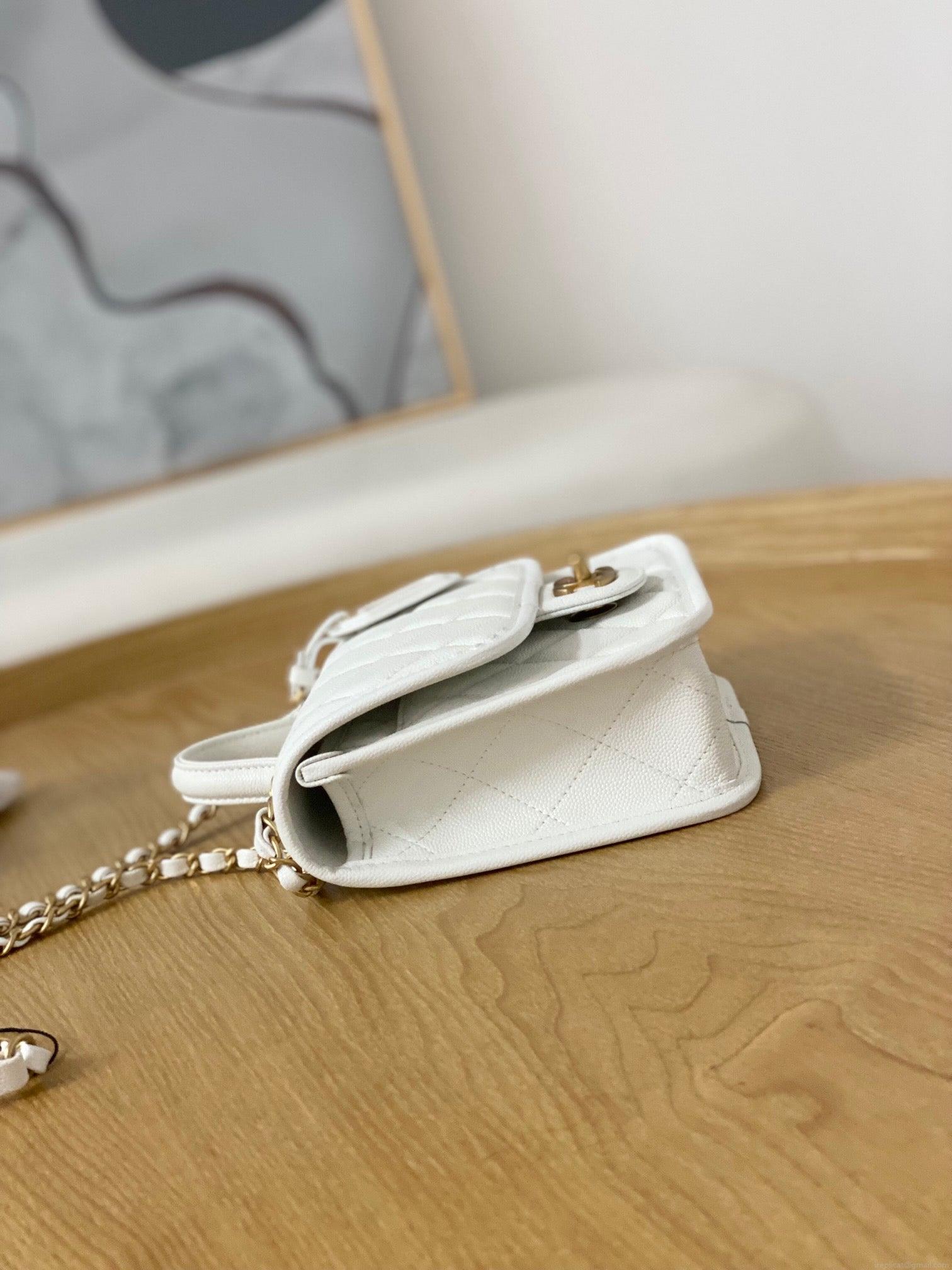 Chanel AS3652 Small Flap Bag with Top Handle Calfskin & Gold-Tone Metal White