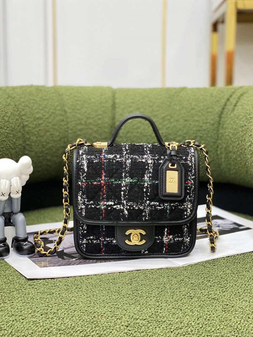 Chanel AS3652 Small Flap Bag with Top Handle Cotton & Wool Tweed & Gold-Tone Metal Black and White