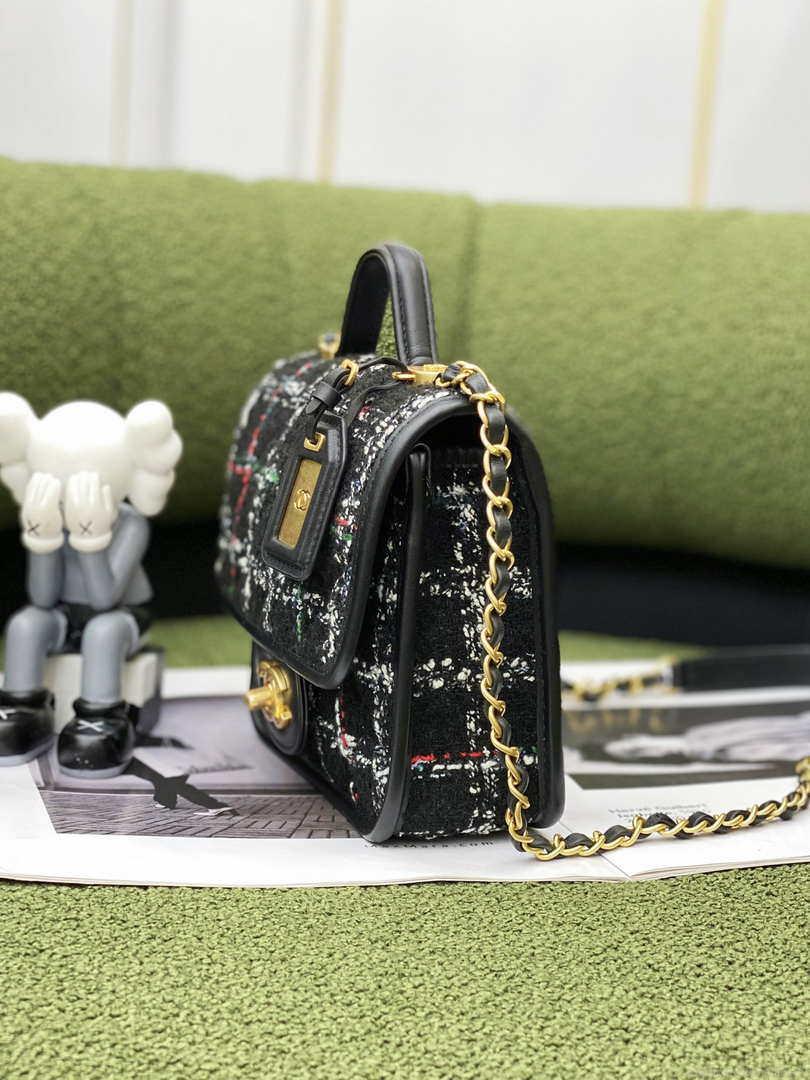 Chanel AS3652 Small Flap Bag with Top Handle Cotton & Wool Tweed & Gold-Tone Metal Black and White
