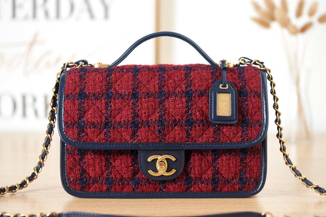 Chanel AS3653 Small Flap Bag with Top Handle Wool Tweed & Gold-Tone Metal Red and Navy Blue