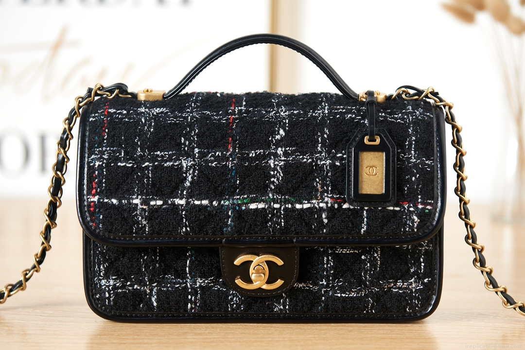 Chanel AS3653 Small Flap Bag with Top Handle Wool Tweed & Gold-Tone Metal Black and White