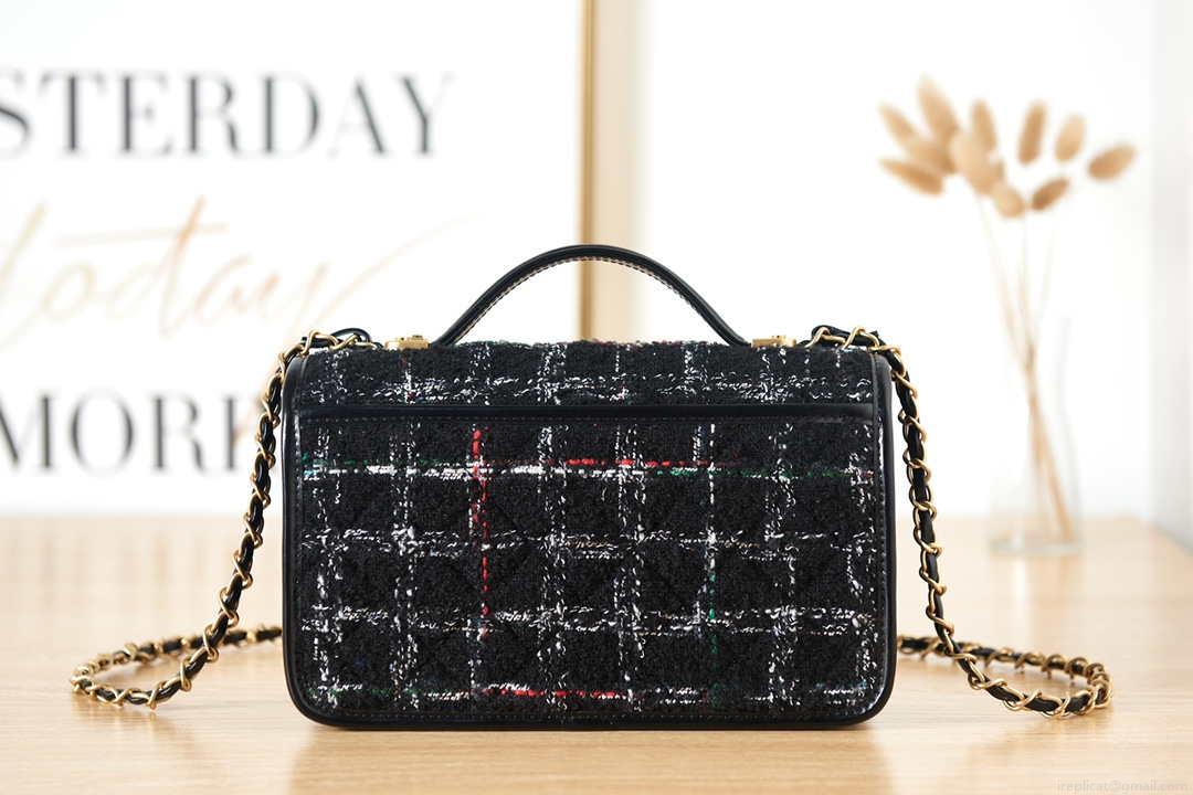 Chanel AS3653 Small Flap Bag with Top Handle Wool Tweed & Gold-Tone Metal Black and White