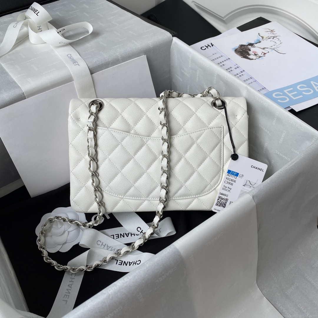 Chanel A01113 Flap Handbag Classic Bag Grained shiny Calfskin White Silver