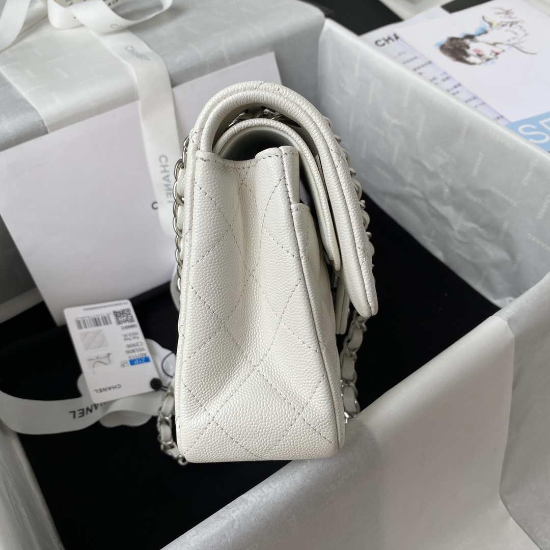 Chanel A01113 Flap Handbag Classic Bag Grained shiny Calfskin White Silver