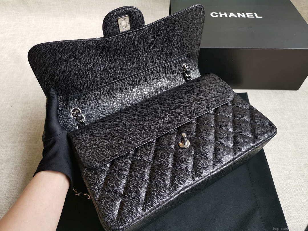 Chanel A58600 Large Classic Handbag Grained shiny Calfskin Black Sliver