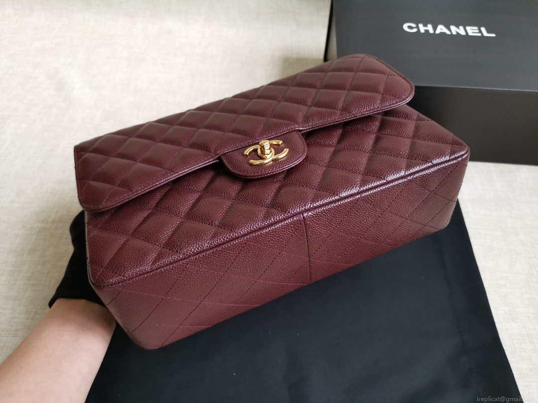Chanel A58600 Large Classic Handbag Grained shiny Calfskin Wine Red Gold