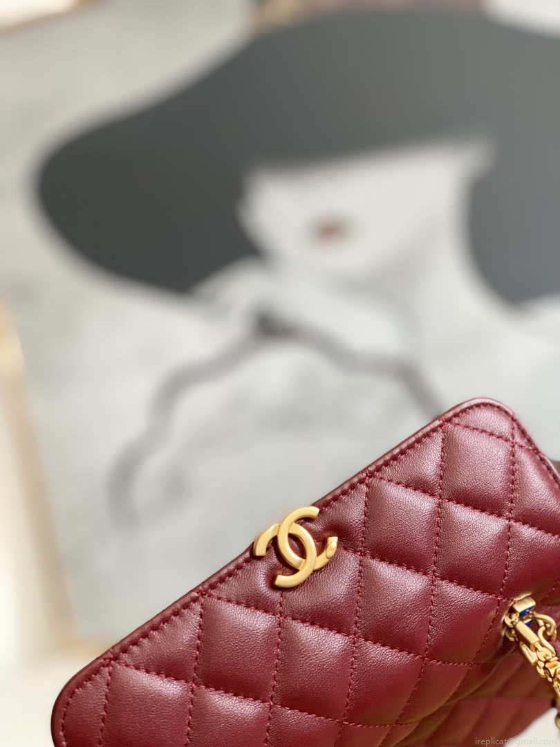 Chanel AP2946 Phone Holder Clutch with Chain Lambskin Wine Red