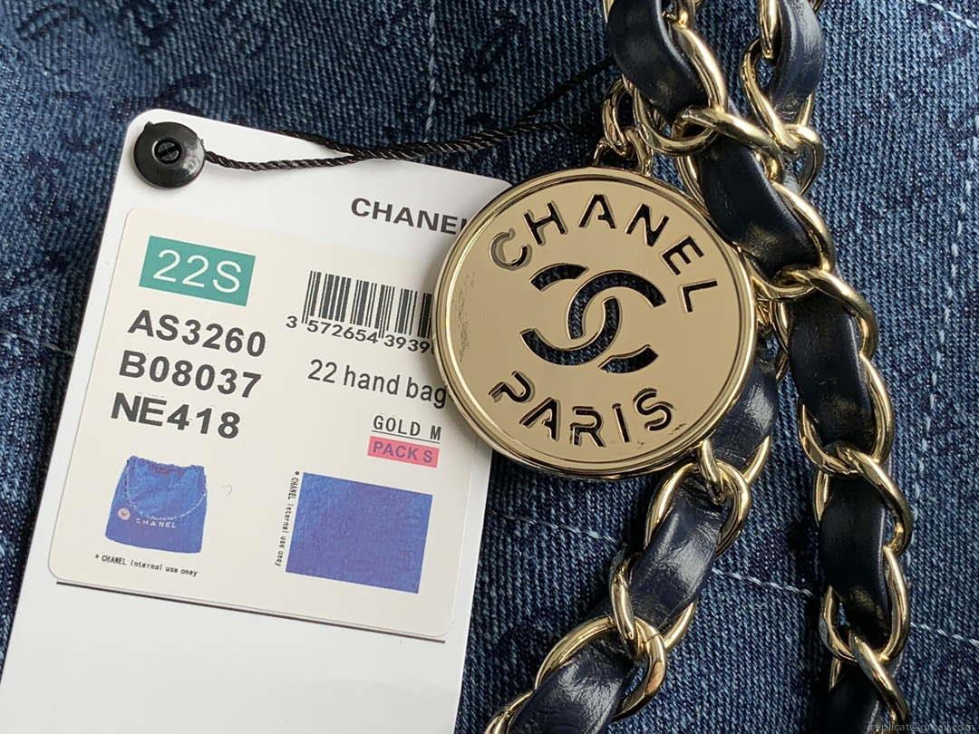 Chanel 22 Handbag Gold-Tone Metal Canvas AS3260 Blue denim