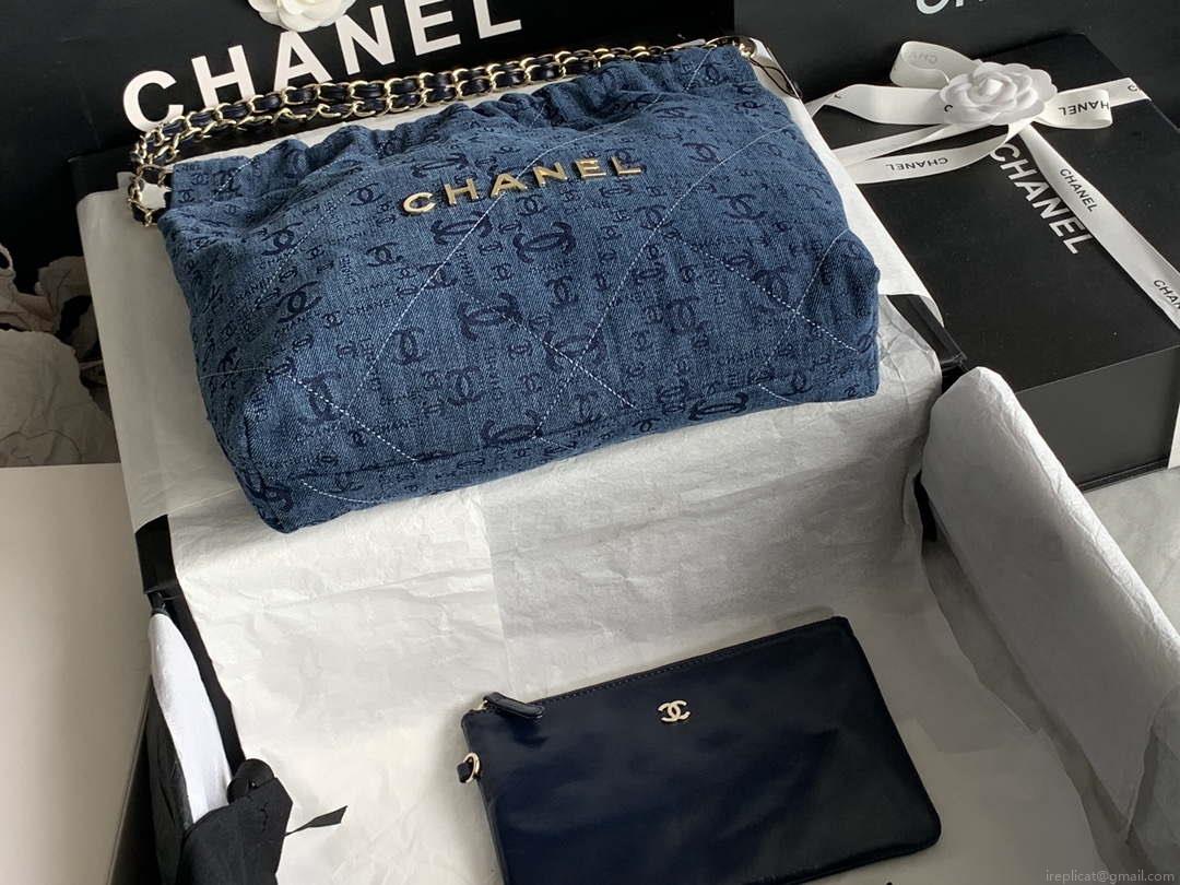 Chanel 22 Handbag Gold-Tone Metal Canvas AS3260 Blue denim