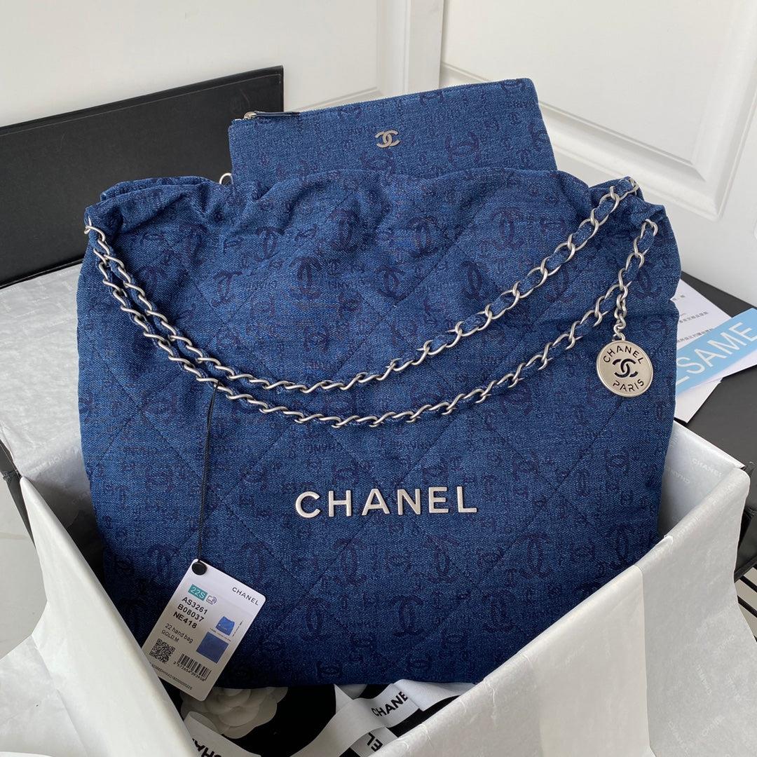 Chanel 22 Handbag Silver-Tone Metal Canvas AS3261 Blue denim