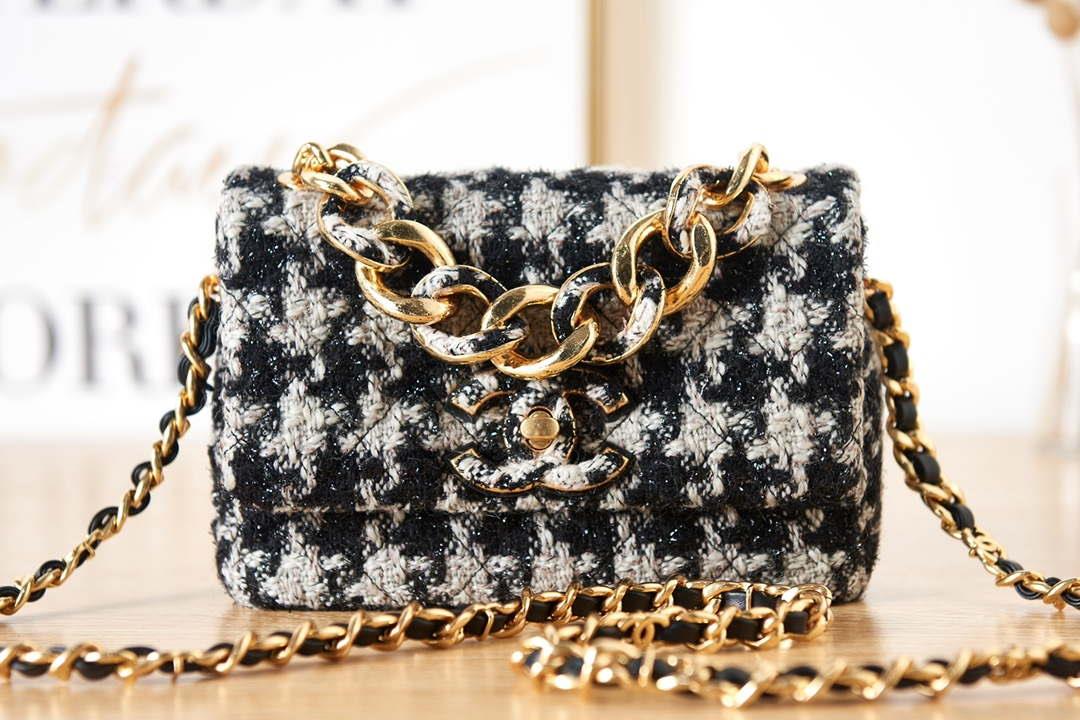Chanel AS3611 Small Flap Bag Wool Tweed & Gold-Tone Metal Gray and Black