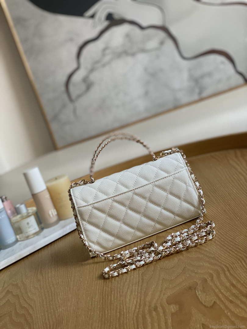 Chanel AP3238 Flap Chain Bag With Handle White Calfskin Gold