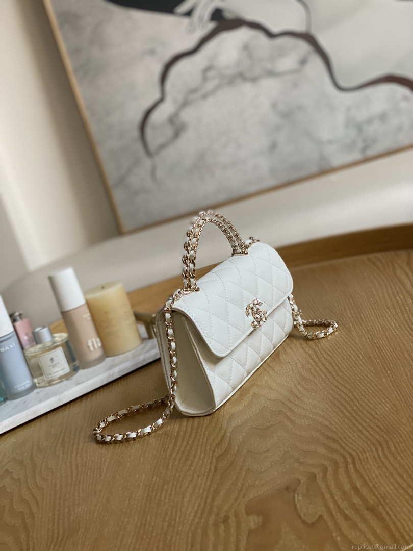 Chanel AP3238 Flap Chain Bag With Handle White Calfskin Gold