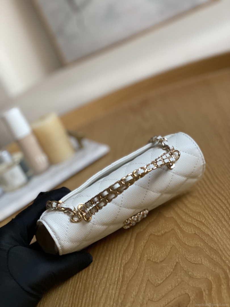Chanel AP3238 Flap Chain Bag With Handle White Calfskin Gold