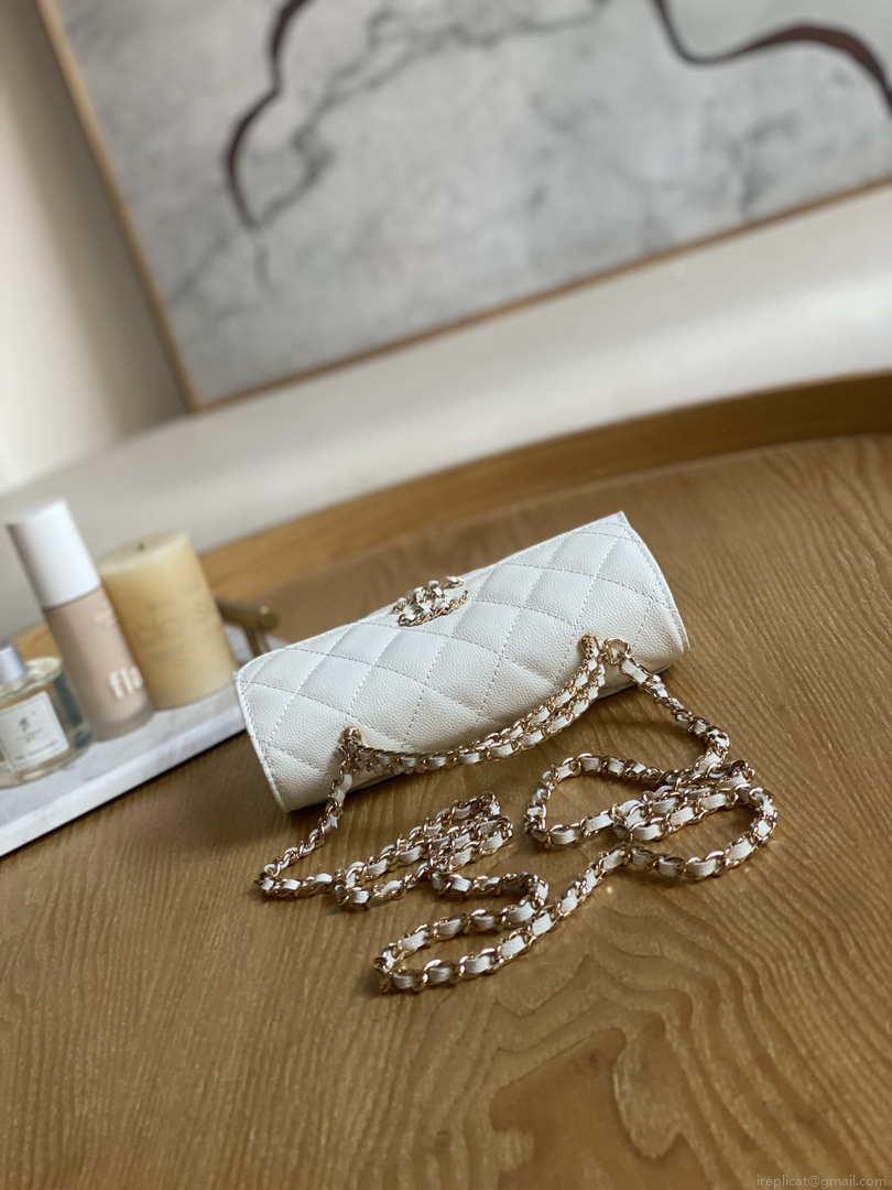 Chanel AP3238 Flap Chain Bag With Handle White Calfskin Gold