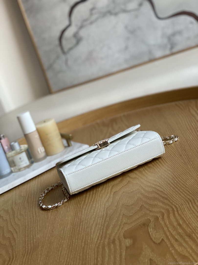 Chanel AP3238 Flap Chain Bag With Handle White Calfskin Gold