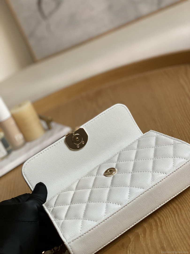 Chanel AP3238 Flap Chain Bag With Handle White Calfskin Gold