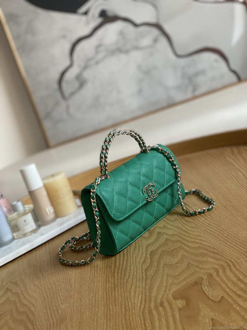 Chanel AP3238 Flap Chain Bag With Handle Green Calfskin Gold