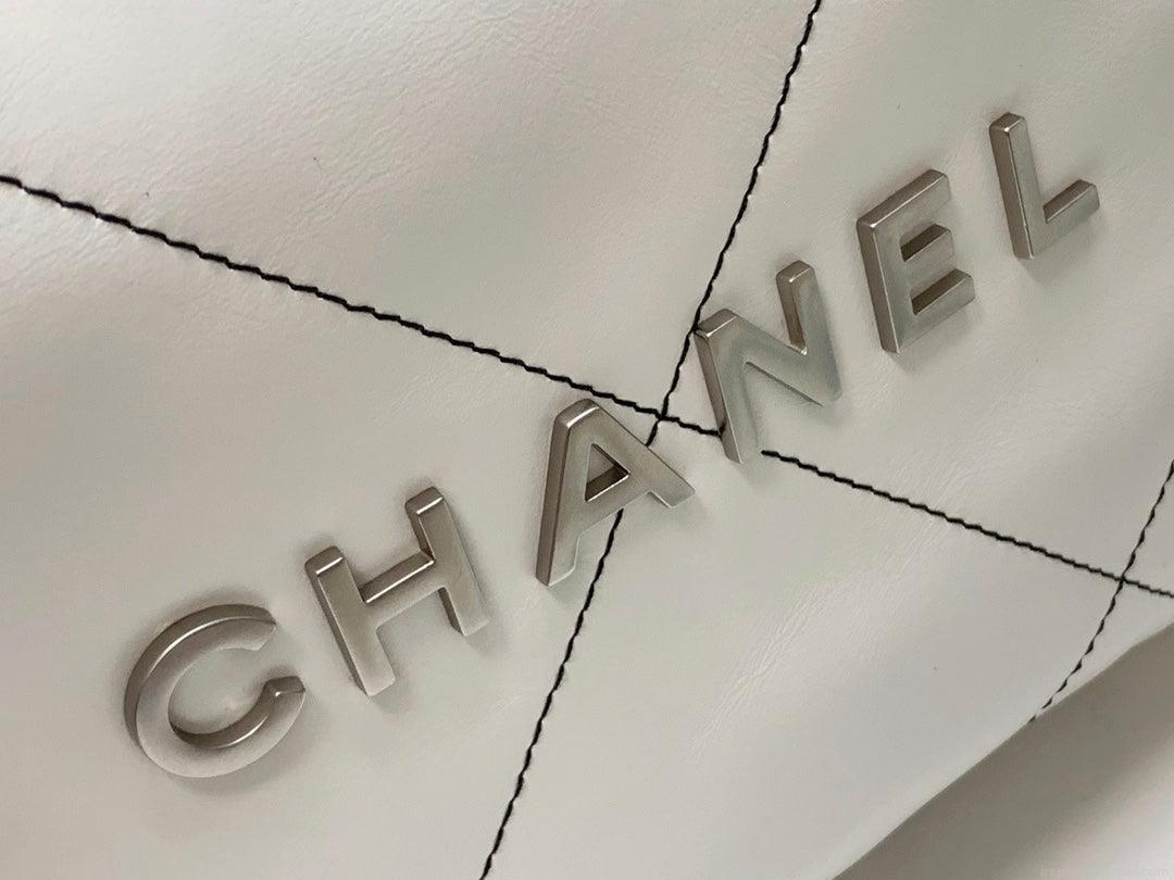 Chanel 22 Small Handbag Shiny Calfskin AS3260 White with Silver Logo
