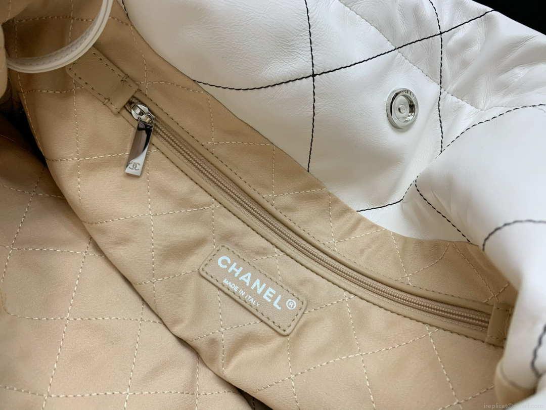 Chanel 22 Small Handbag Shiny Calfskin AS3260 White with Silver Logo