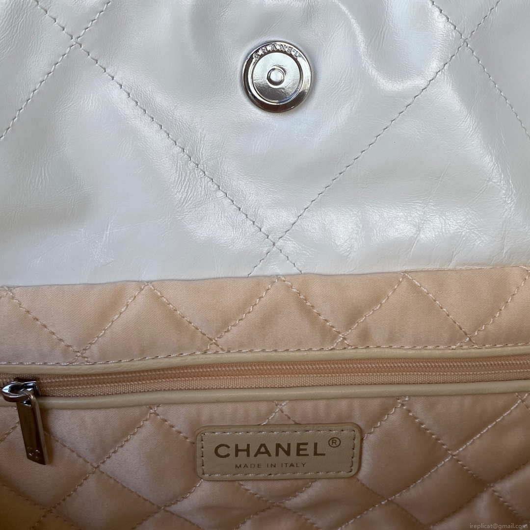 Chanel 22 Handbag Shiny Calfskin Gold AS3261 White with Silver Logo