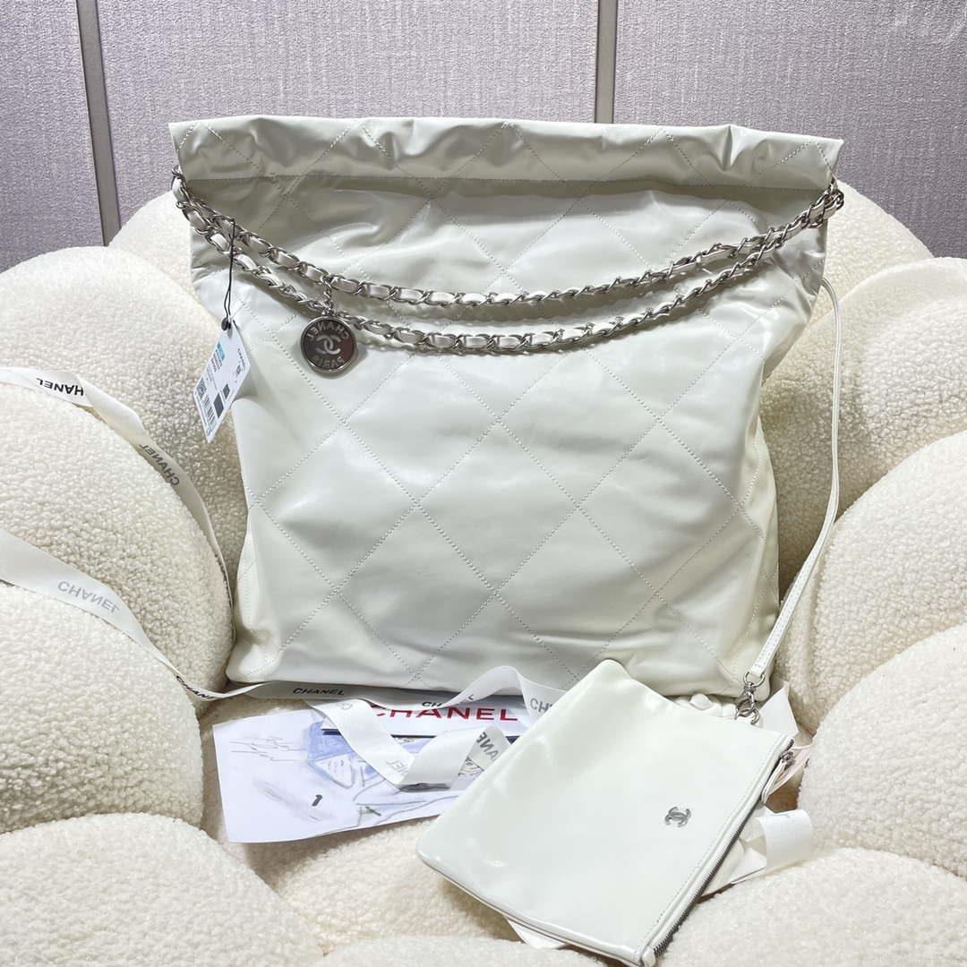 Chanel 22 Large Handbag Shiny Calfskin AS3262 White with Silver Logo
