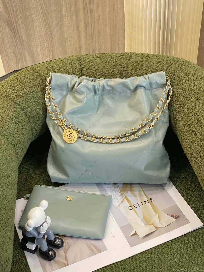 Chanel 22 AS3260 Small Handbag Shiny Calfskin Light Green Gold