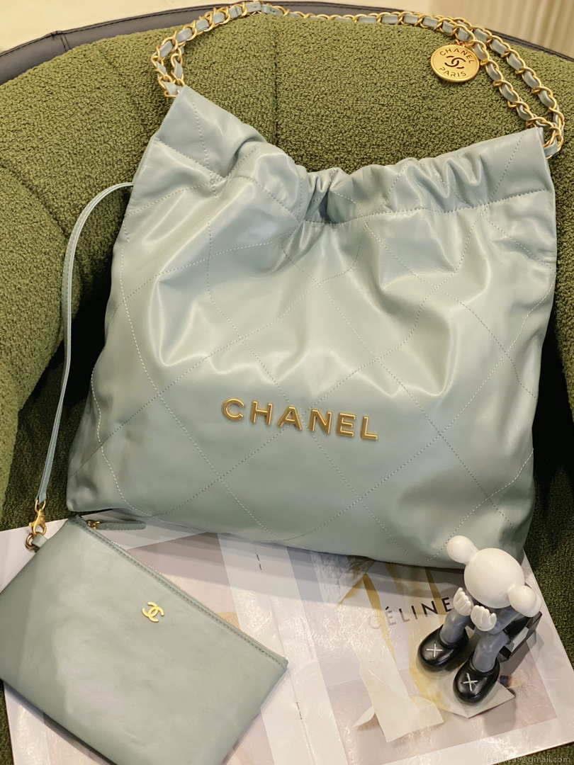 Chanel 22 Handbag Shiny Calfskin AS3261 Light Green Gold