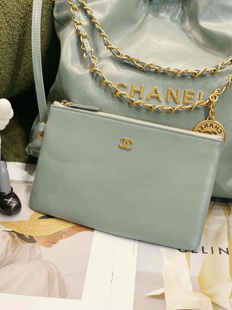 Chanel 22 Handbag Shiny Calfskin AS3261 Light Green Gold