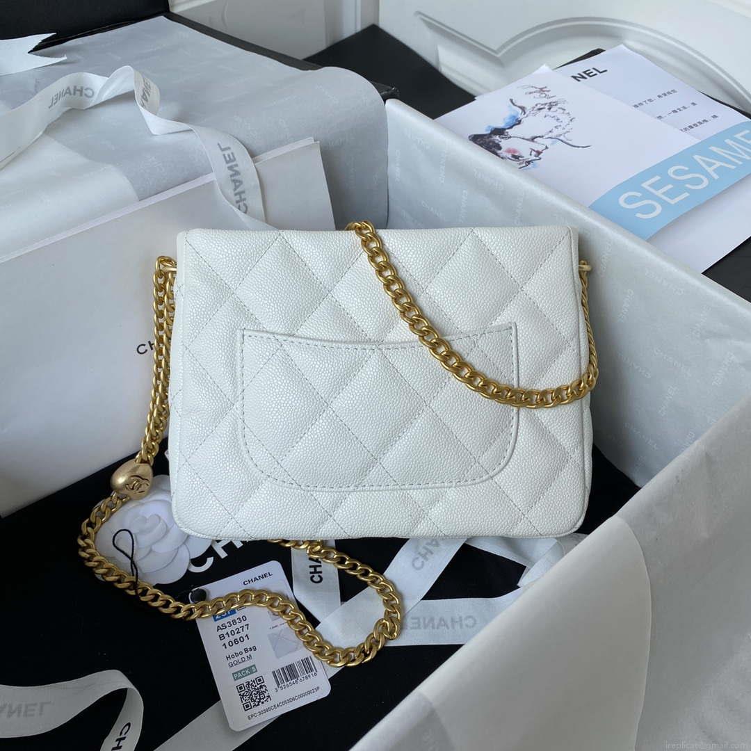 Chanel AS3830 Small Hobo Handbag White Calfskin Gold