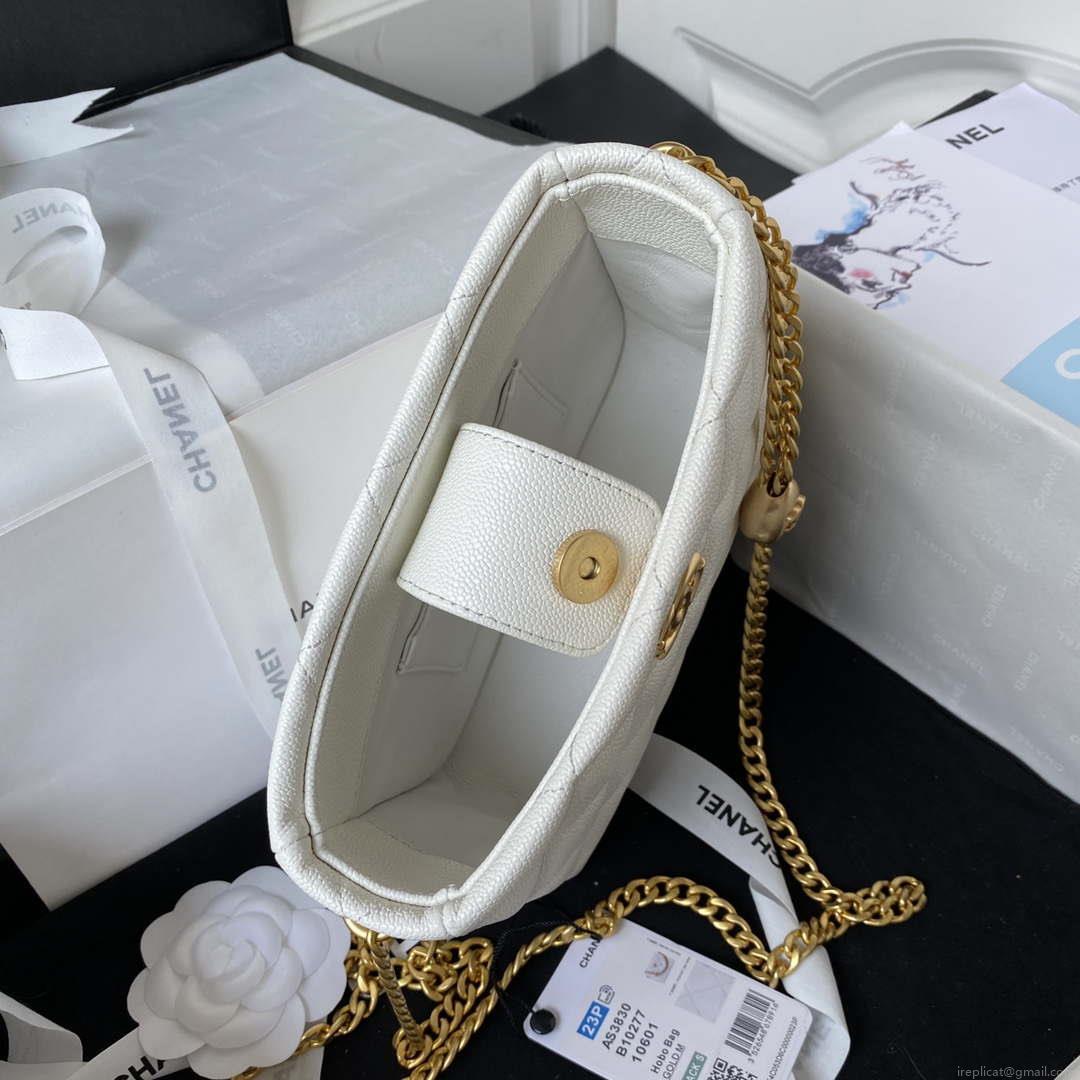 Chanel AS3830 Small Hobo Handbag White Calfskin Gold