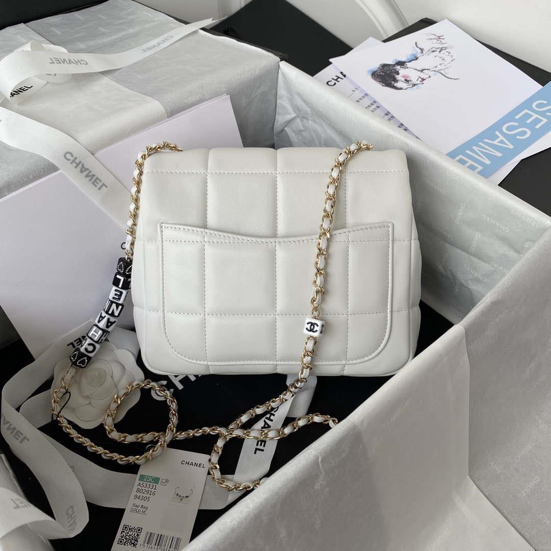 Chanel AS3331 Small Flap 19cm Bag White Lambskin Gold