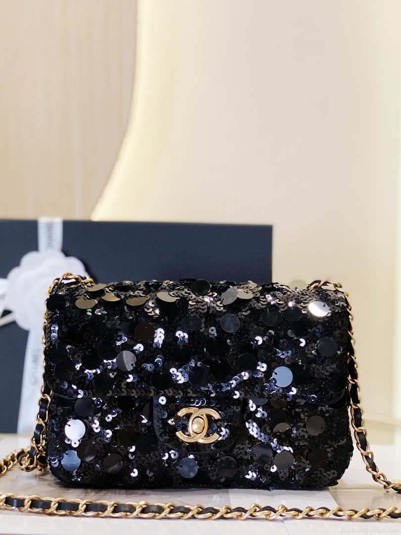 Chanel 23P limited edition new classic CF sequin bag Black