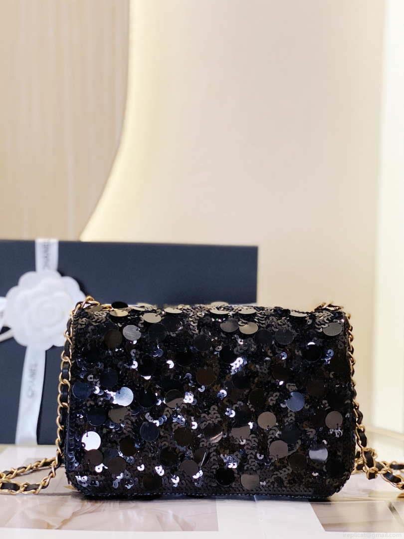 Chanel 23P limited edition new classic CF sequin bag Black