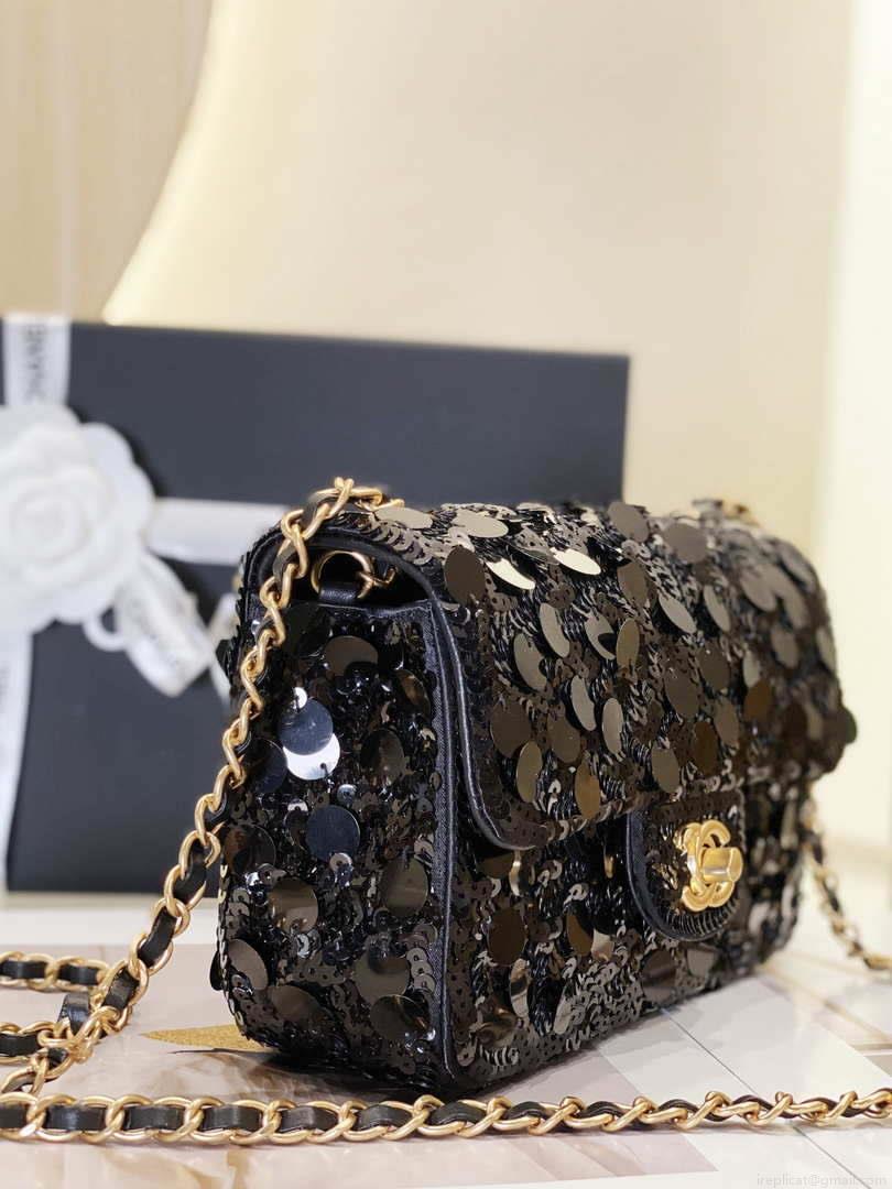 Chanel 23P limited edition new classic CF sequin bag Black